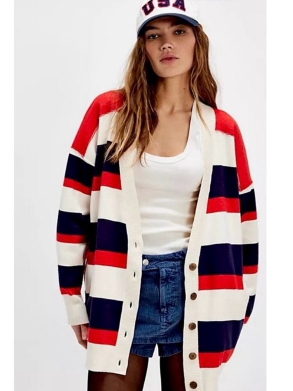 Free People League Of Her Own Cardigan Sweater Americana Stripes Preppy Large